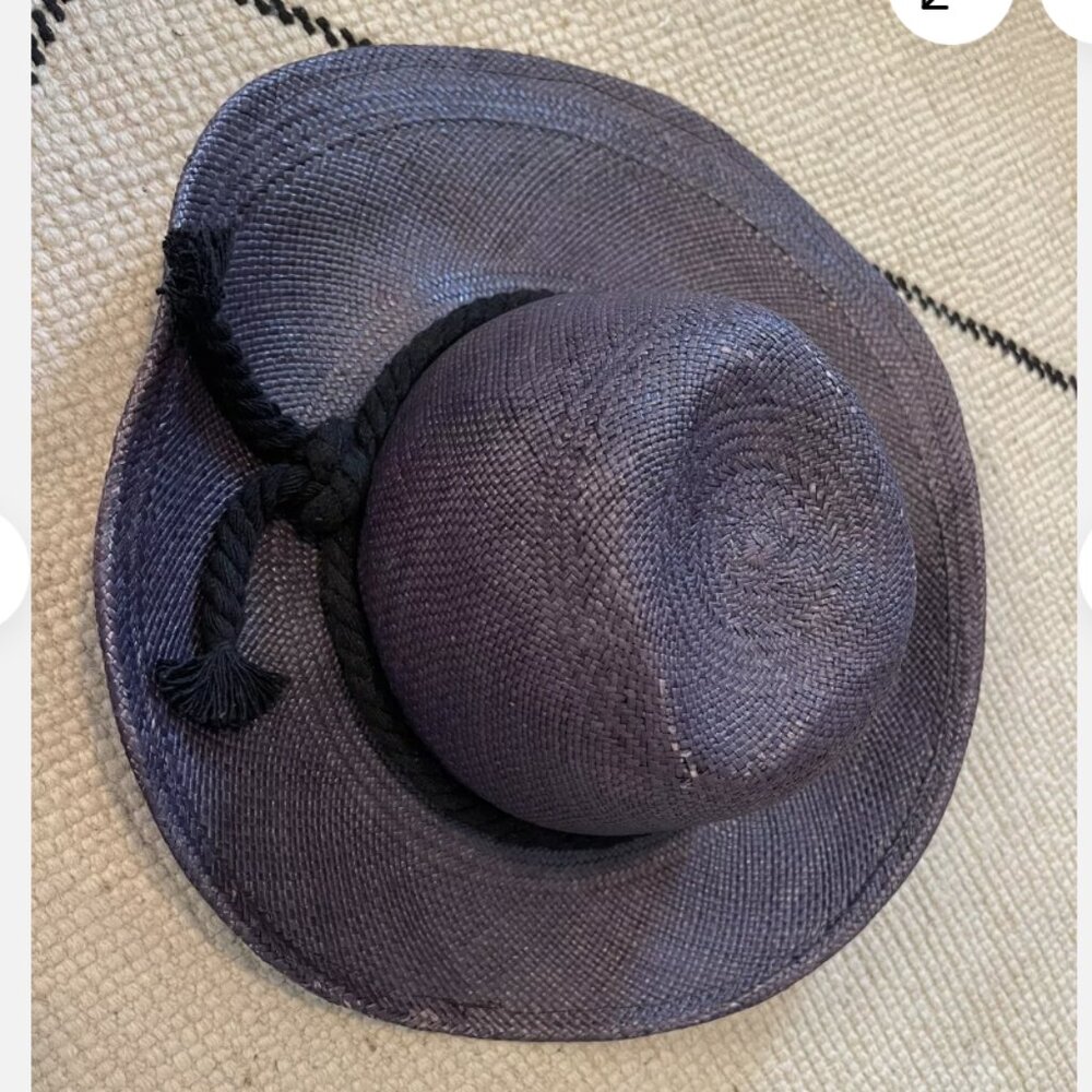 ALESSANDRA RIVERA STRAW HAT - NAVY BLUE WITH BLACK ROPE -DESIGNER CHIC SUN BEACH